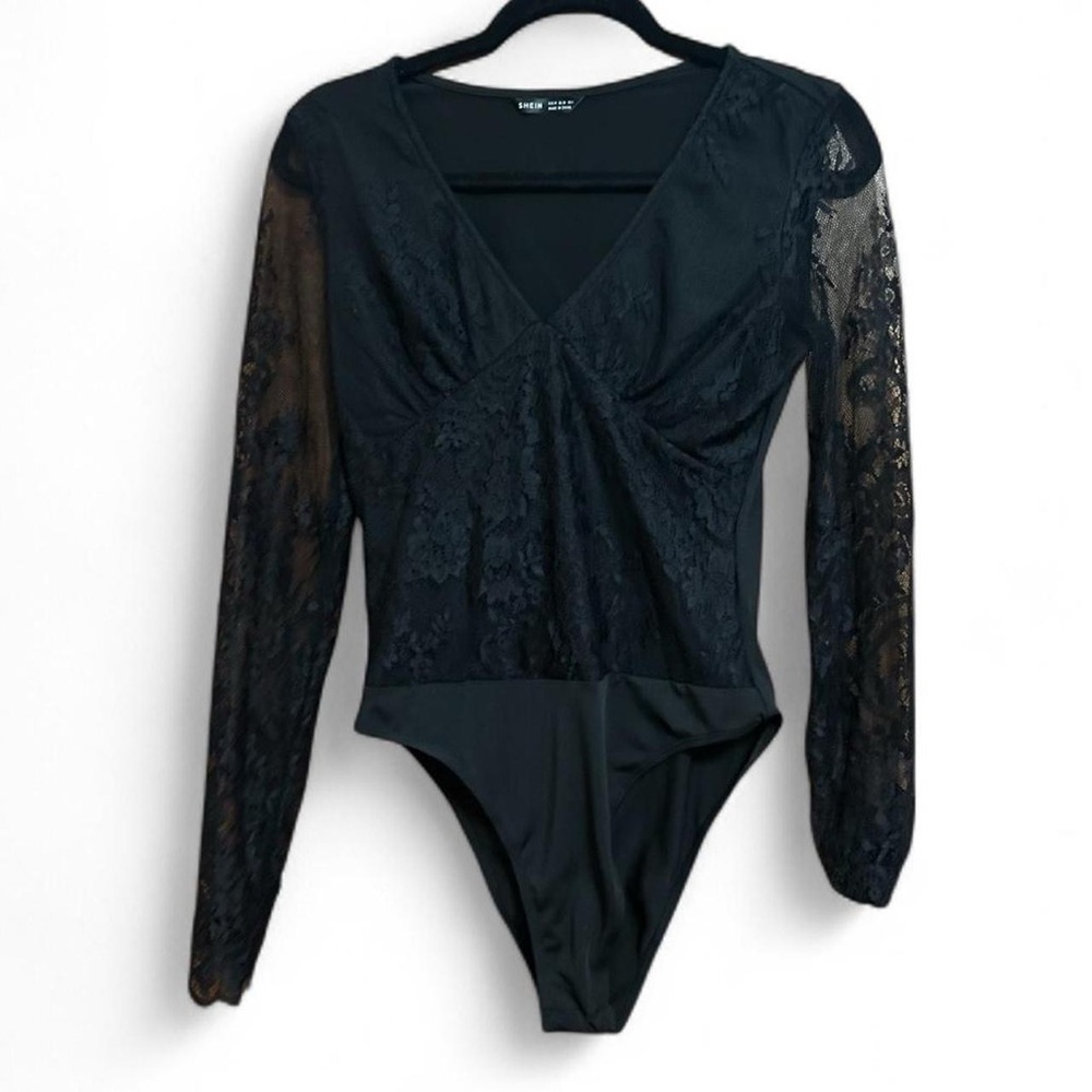 SHEIN Black Long Sleeve Lace Bodysuit